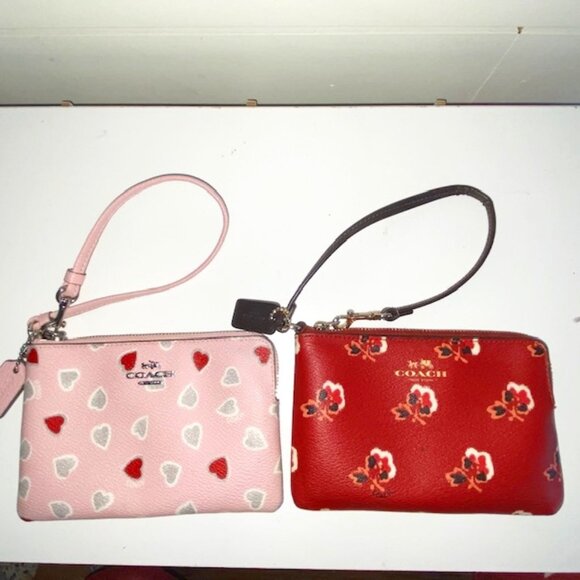 Set of 2 Coach Women's Corner Zip Wristlets (Pink Heart Print & Red Poppy Print) - Picture 1 of 7